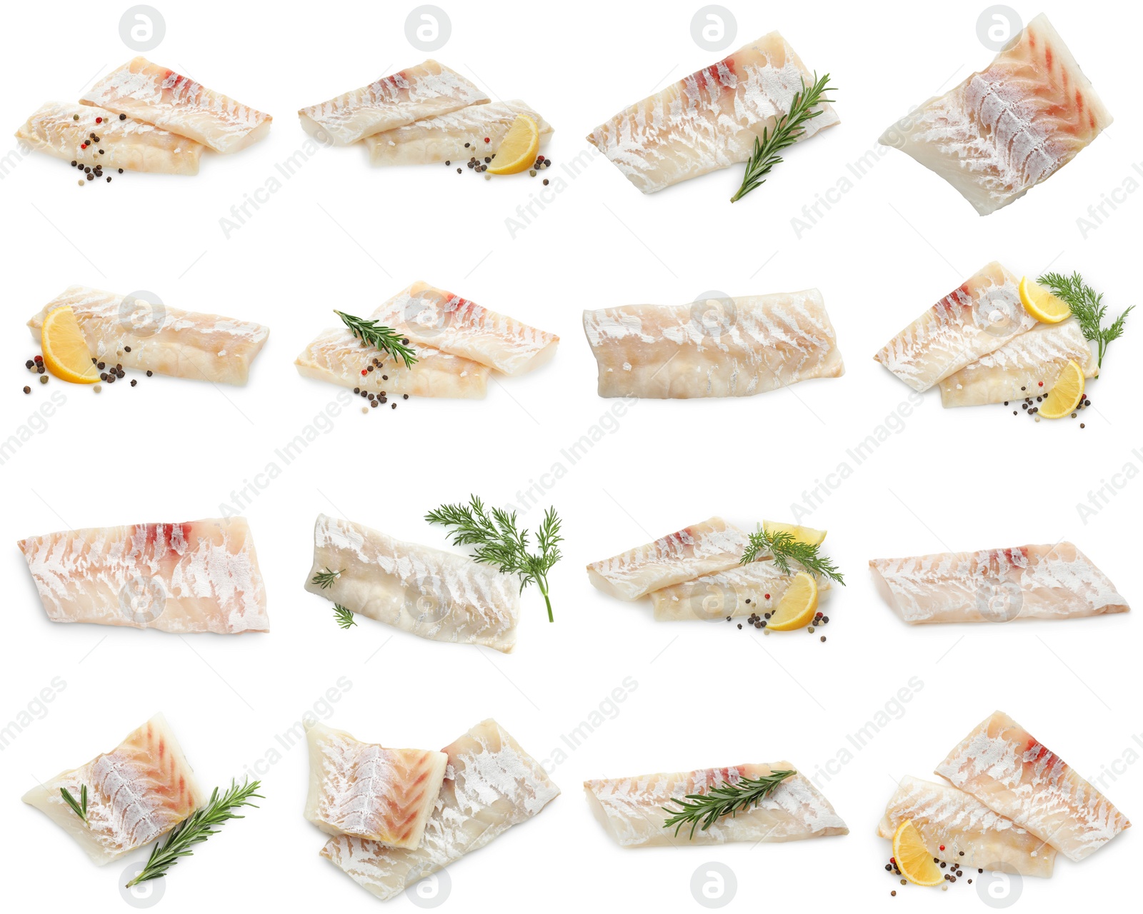 Image of Pieces of raw cod fish isolated on white, set