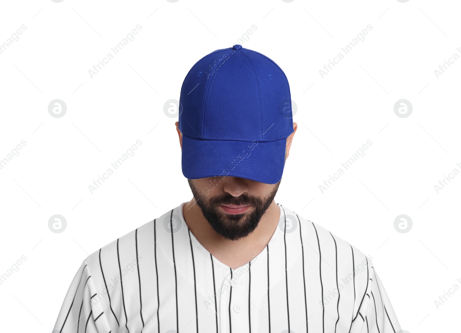 Photo of Man in stylish blue baseball cap on white background