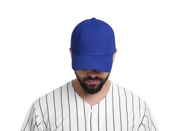 Man in stylish blue baseball cap on white background