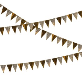 Image of Triangular bunting flags on white background. Festive decor
