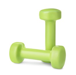 Photo of Green dumbbells on white background. Weight training equipment