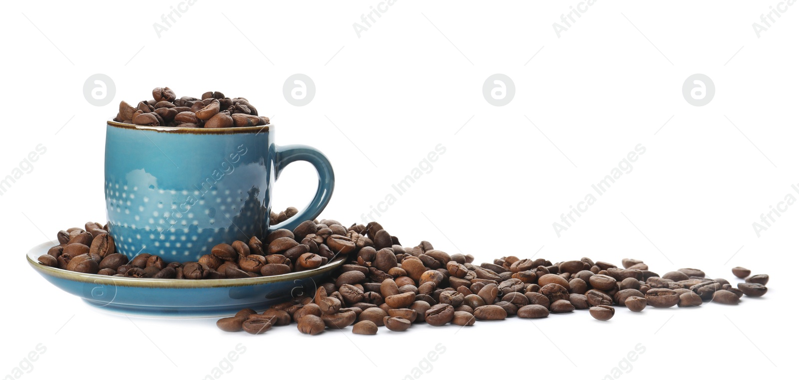 Photo of Cup and coffee beans on white background