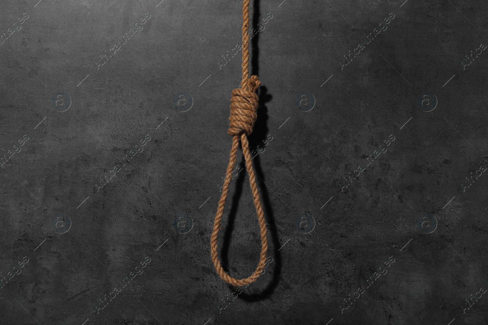 Photo of Tied rope noose against grey stone background