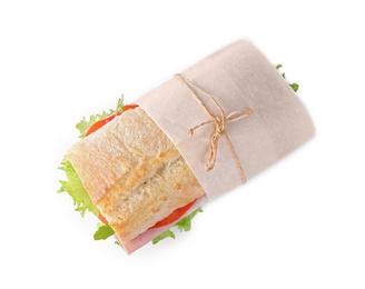 Photo of Tasty sandwich with ham isolated on white, top view