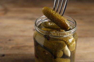 Photo of Eating tasty pickled cucumber from jar at table, closeup