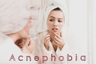 Image of Acnephobia concept. Woman squeezing pimples, double exposure
