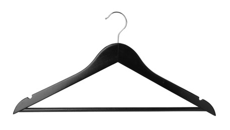 Photo of Empty black hanger isolated on white. Wardrobe accessory