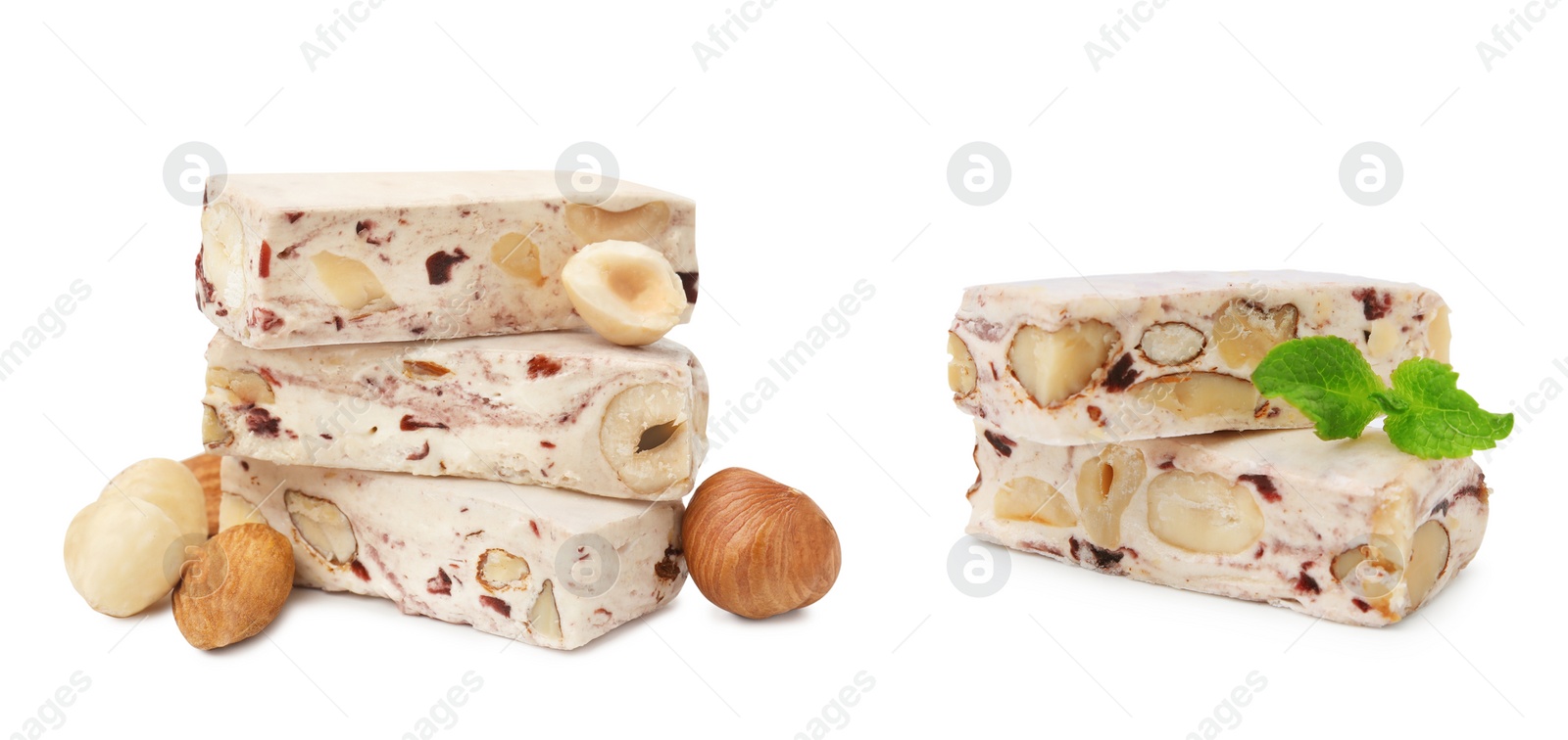 Image of Delicious nougat, mint and nuts on white background