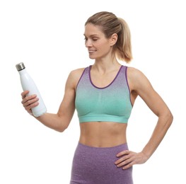 Photo of Portrait of sportswoman with thermo bottle on white background