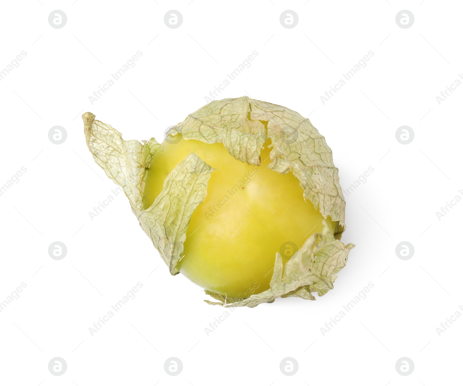Photo of Fresh green tomatillo with husk isolated on white, top view