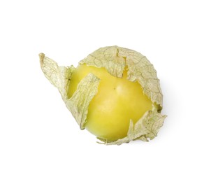 Fresh green tomatillo with husk isolated on white, top view