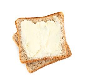 Slices of bread with butter isolated on white, top view