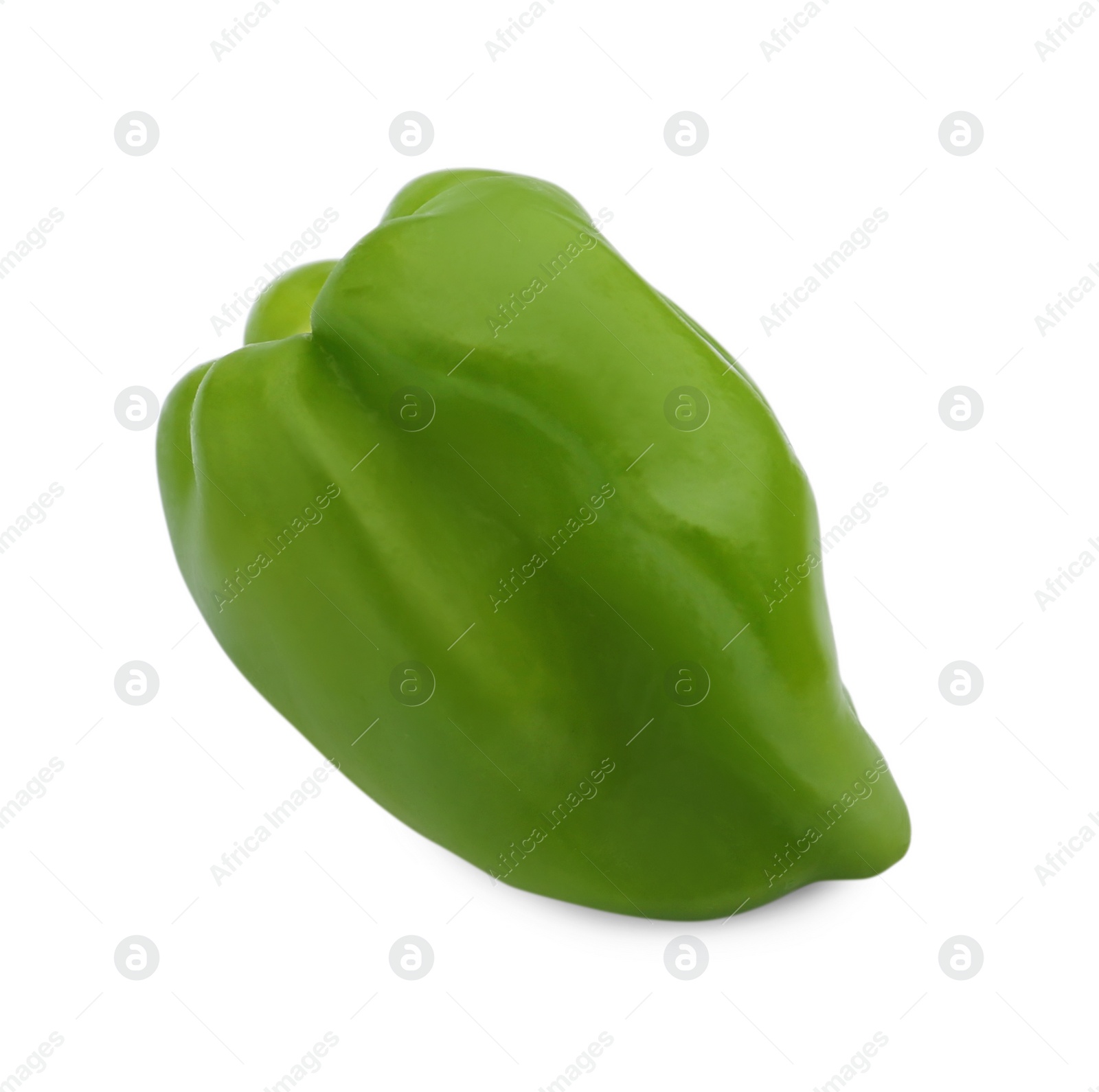 Photo of Fresh raw hot green chili pepper isolated on white, top view