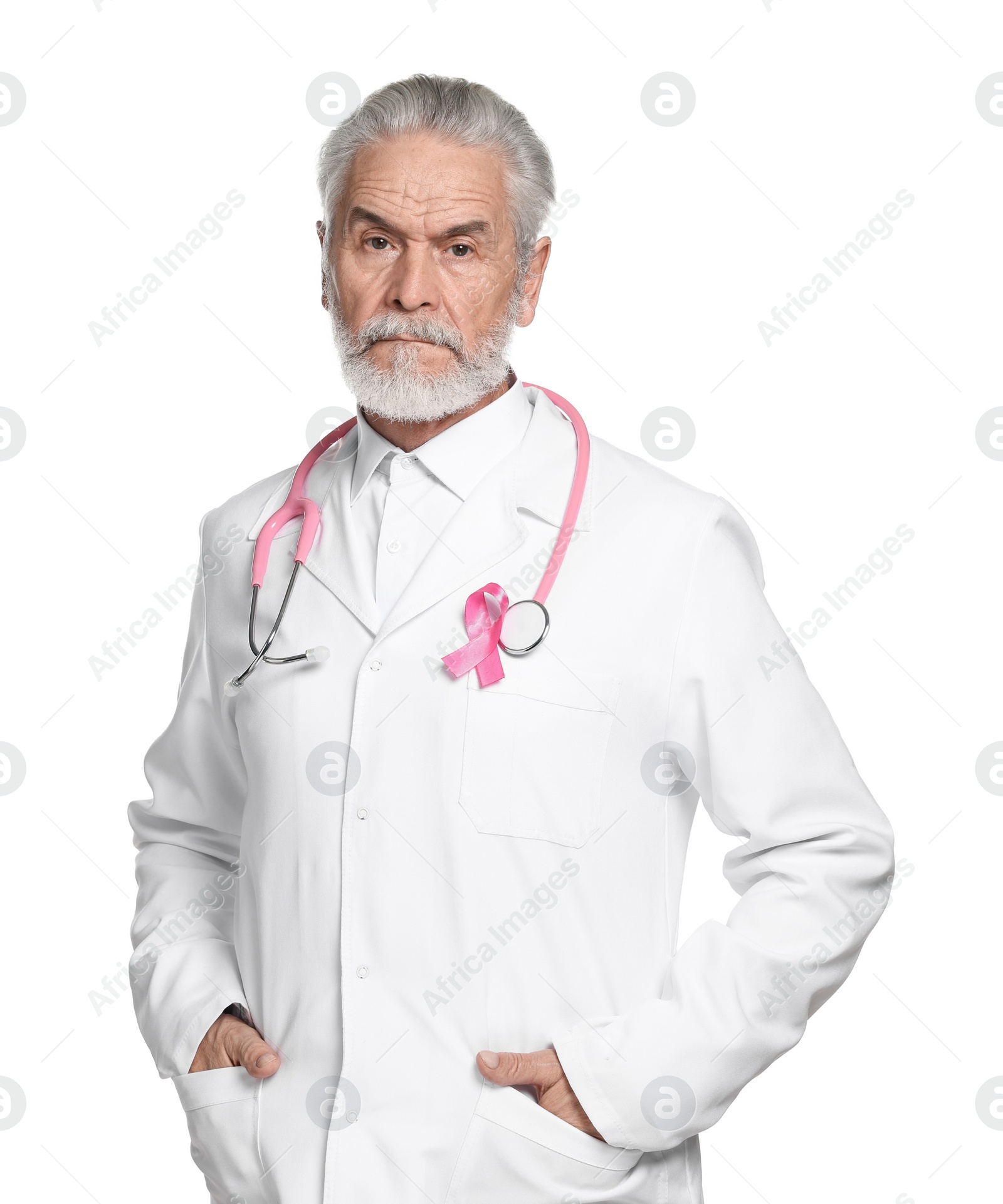 Photo of Mammologist with pink ribbon on white background. Breast cancer awareness