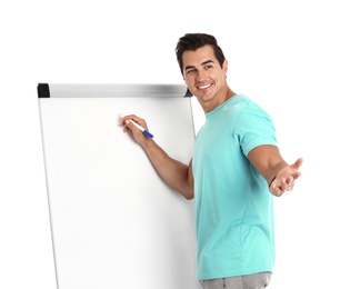 Photo of Professional business trainer near flip chart on white background