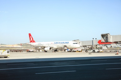 ISTANBUL, TURKEY - AUGUST 13, 2019: Turkish Airlines plane and takeoff runway