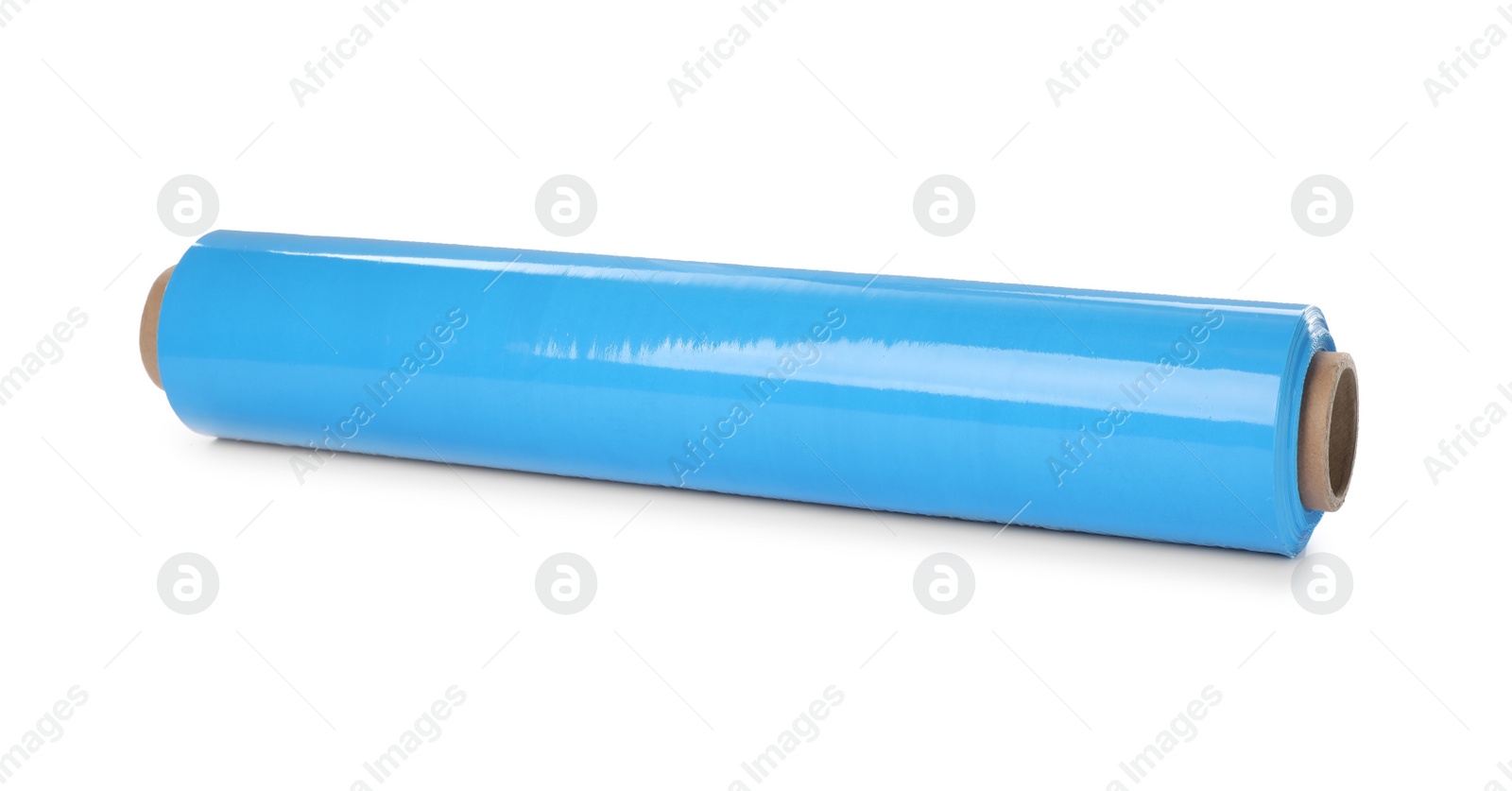 Photo of Roll of light blue stretch wrap isolated on white