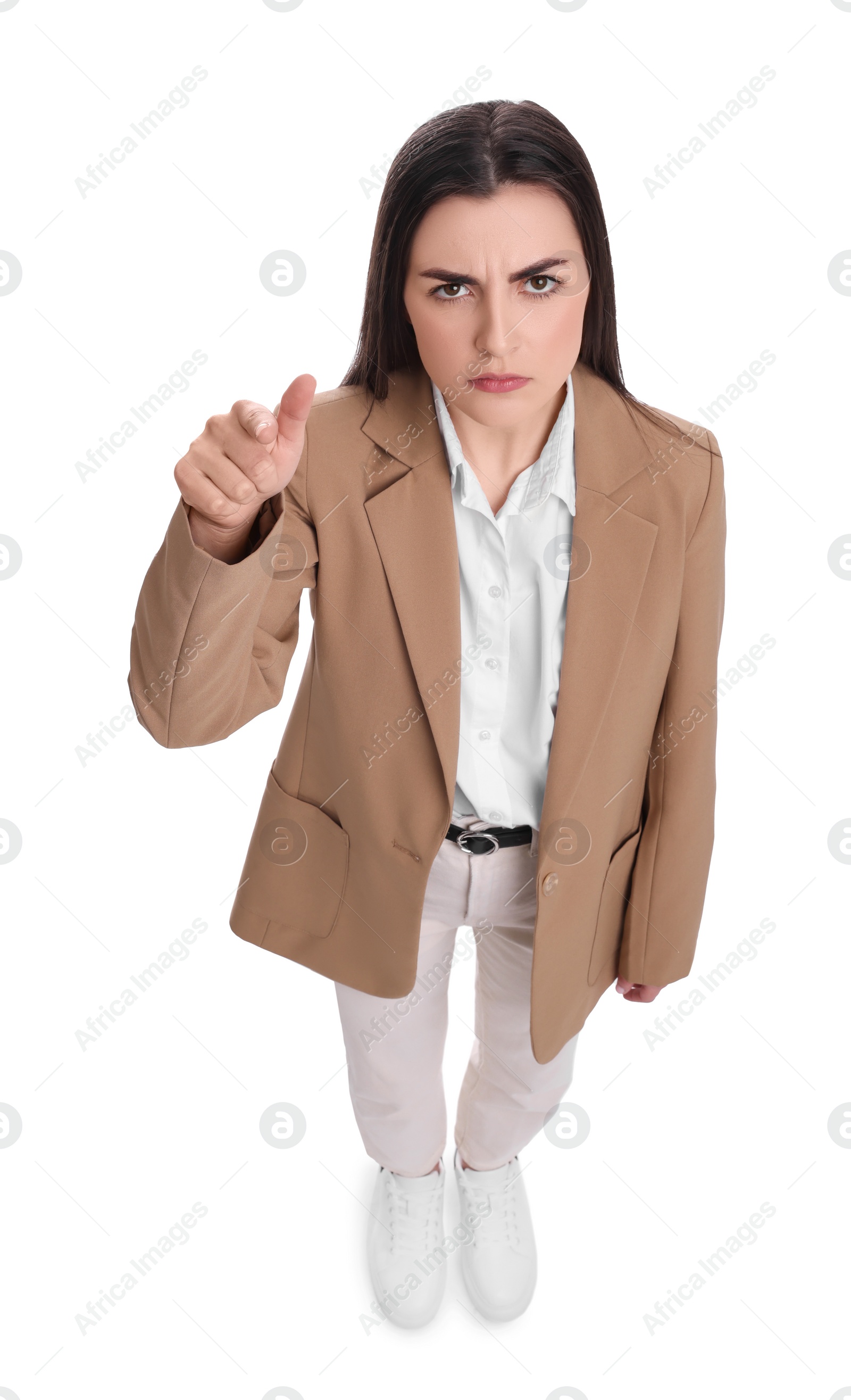 Photo of Beautiful young businesswoman gesturing on white background, above view