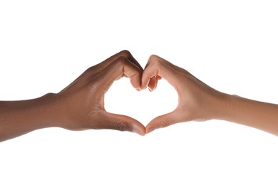 Photo of Woman and African American man making heart with hands on white background, closeup
