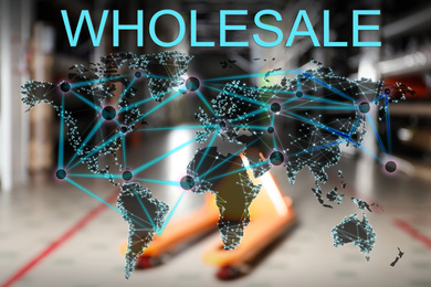 Image of Wholesale business. World map and blurred view of warehouse on background