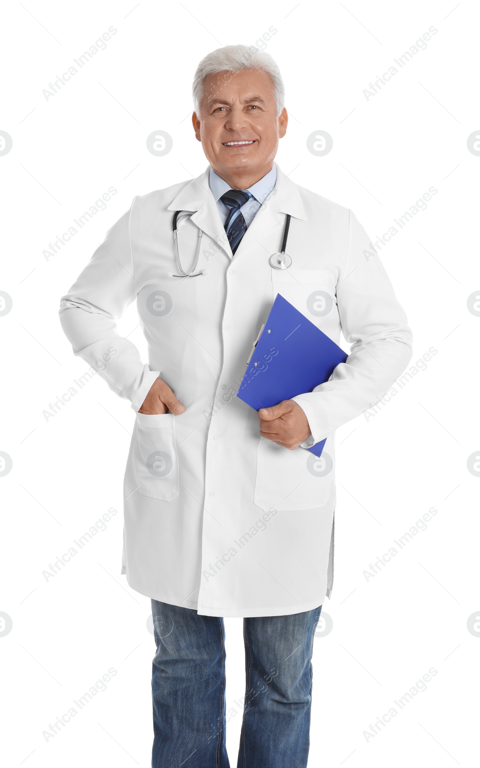 Photo of Portrait of senior doctor with clipboard on white background