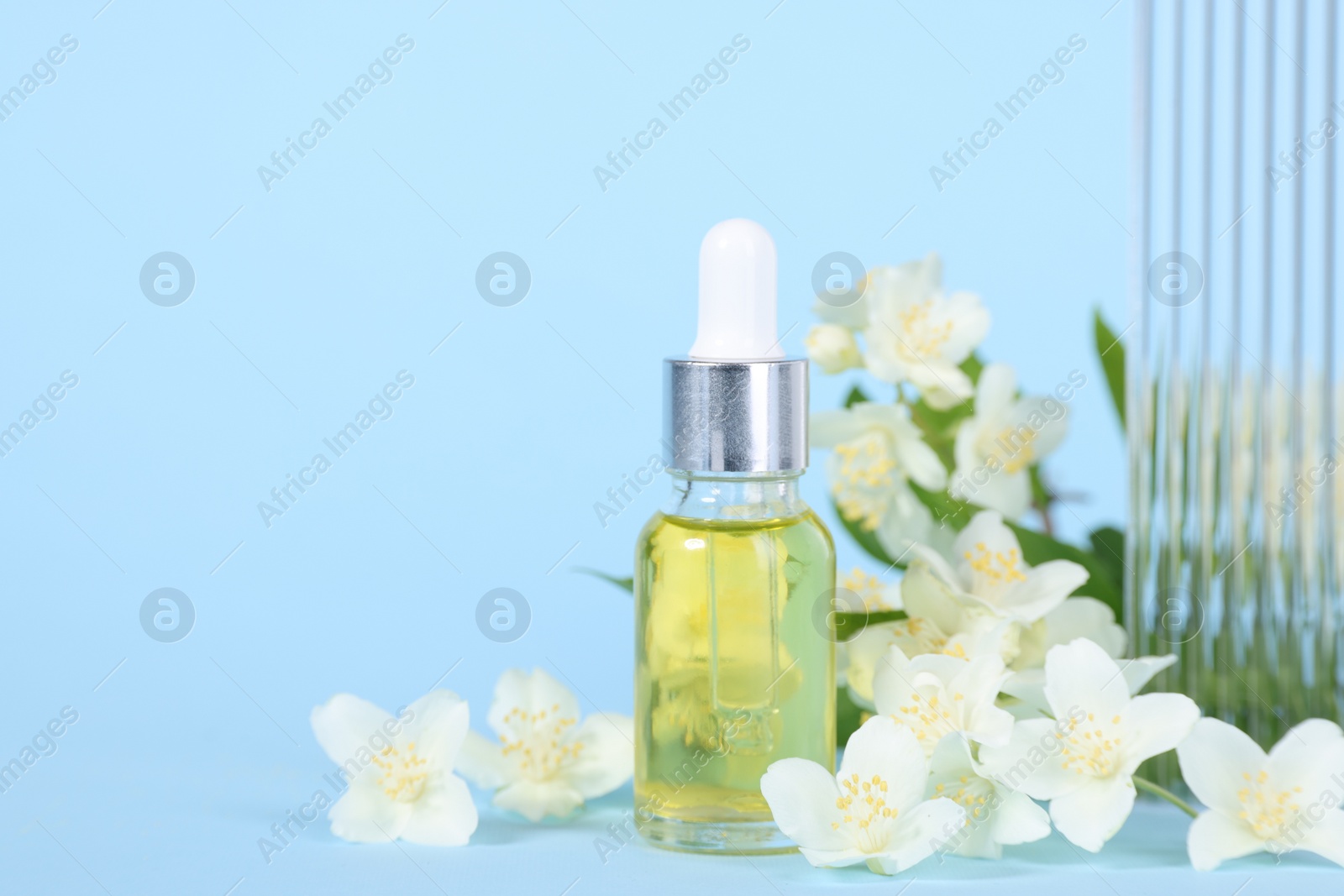 Photo of Essential oil in bottle and beautiful jasmine flowers on light blue background, closeup. Space for text