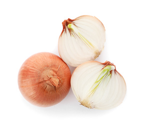 Photo of Whole and cut onion bulbs on white background, top view