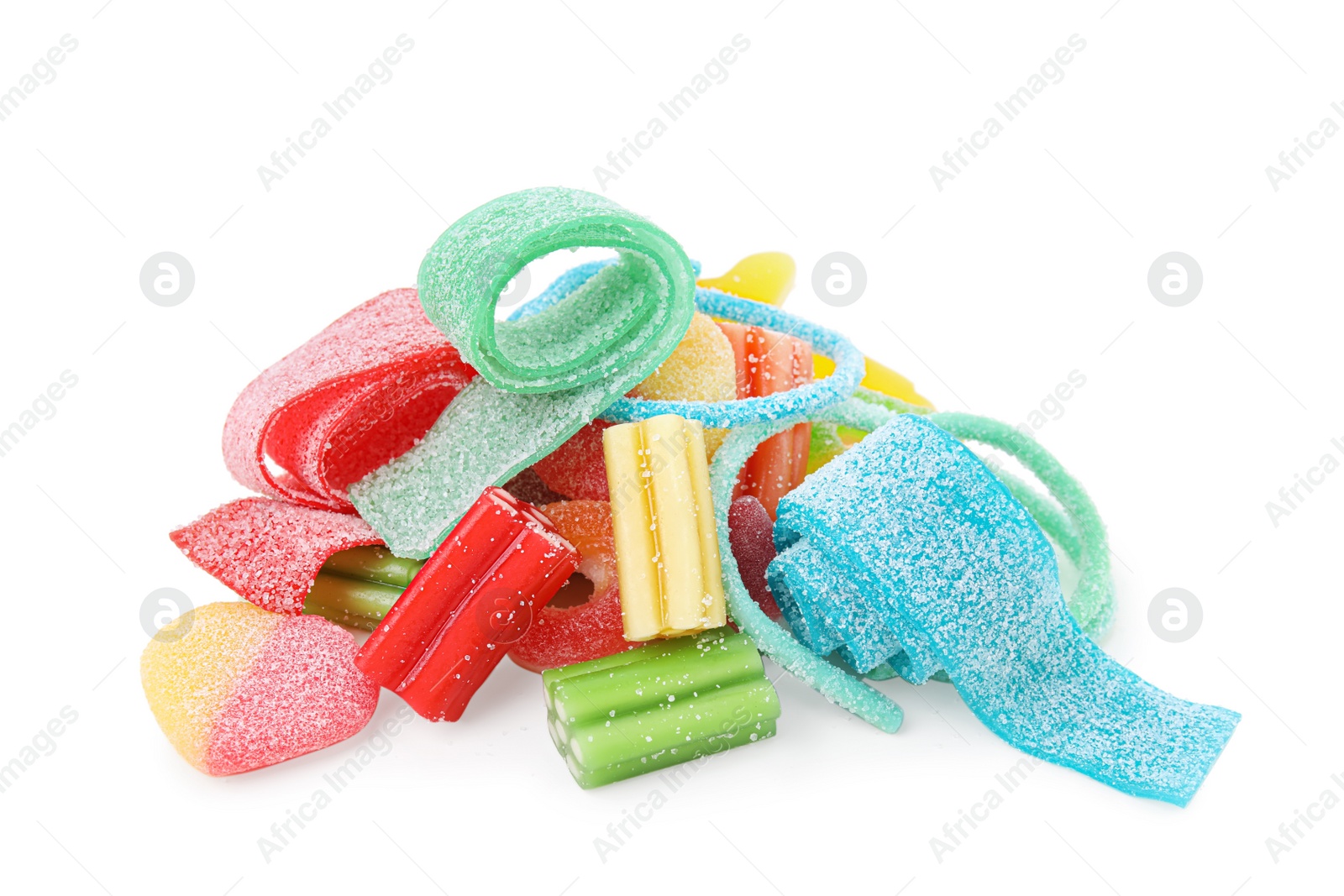 Photo of Pile of tasty colorful jelly candies on white background