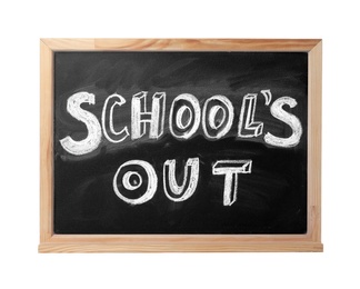 Photo of Chalkboard with text School's Out isolated on white. Summer holidays