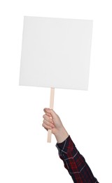 Woman holding blank protest sign on white background, closeup