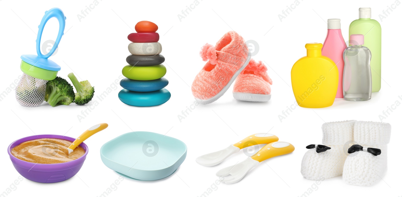 Image of Set with different stuff for baby on white background. Banner design