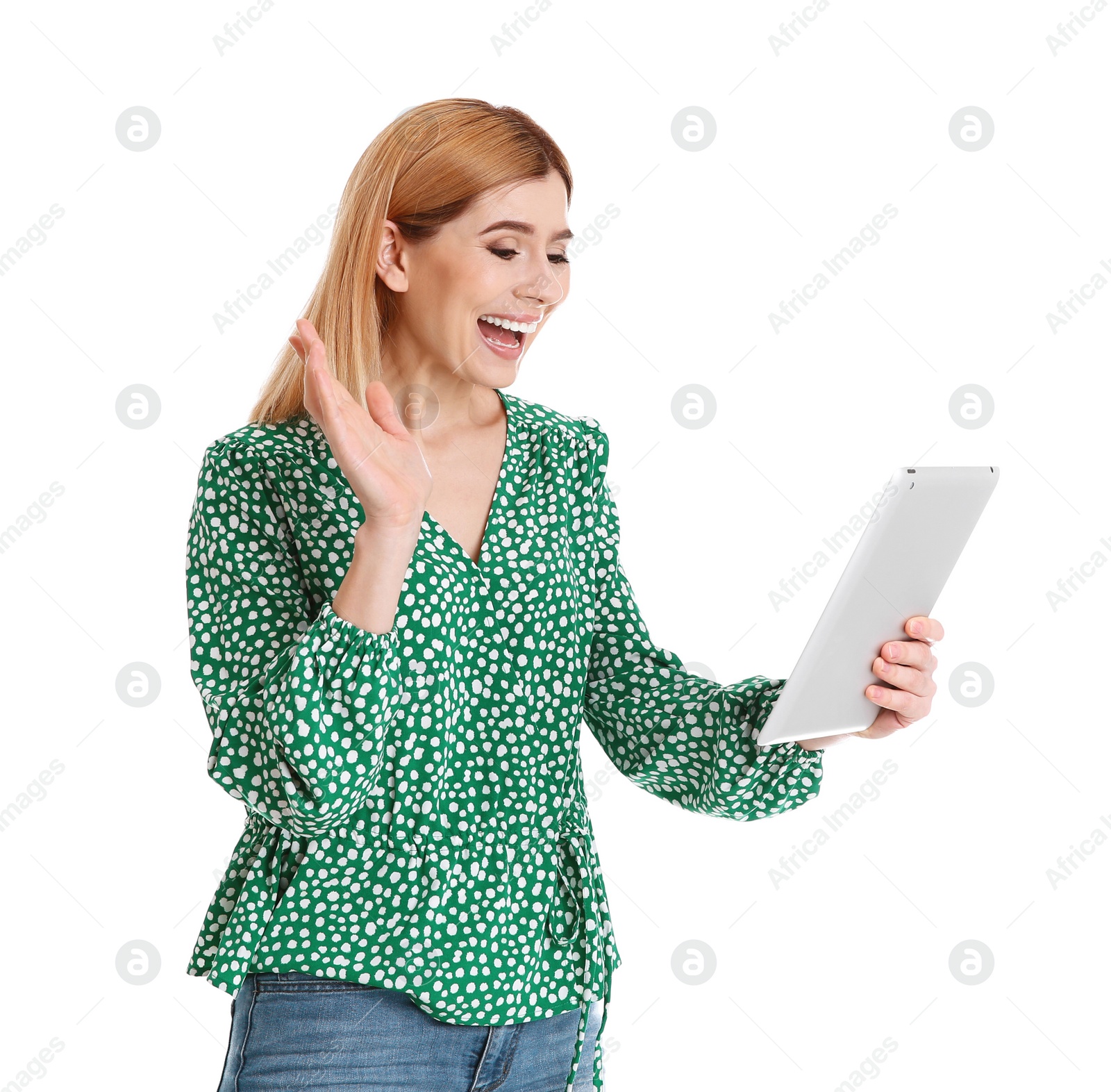 Photo of Woman using tablet for video chat isolated on white