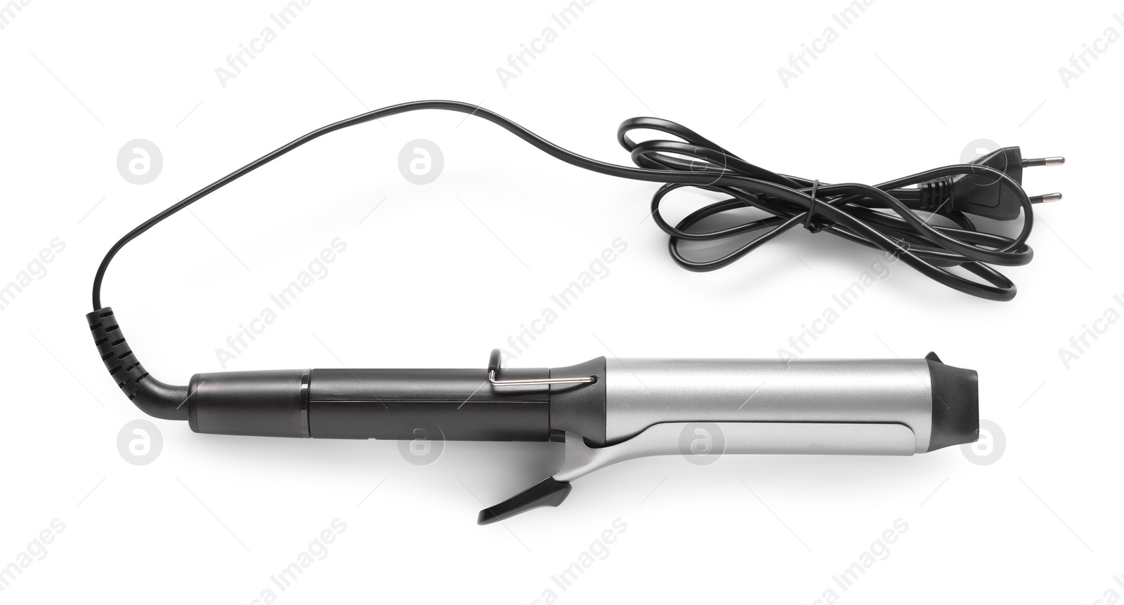 Photo of One curling iron isolated on white, top view. Hair styling appliance