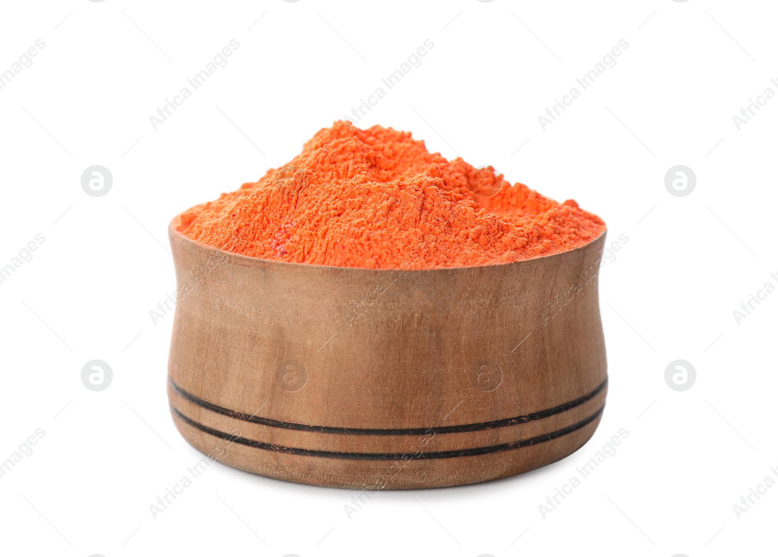 Photo of Orange powder dye in bowl on white background. Holi festival