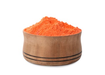 Photo of Orange powder dye in bowl on white background. Holi festival