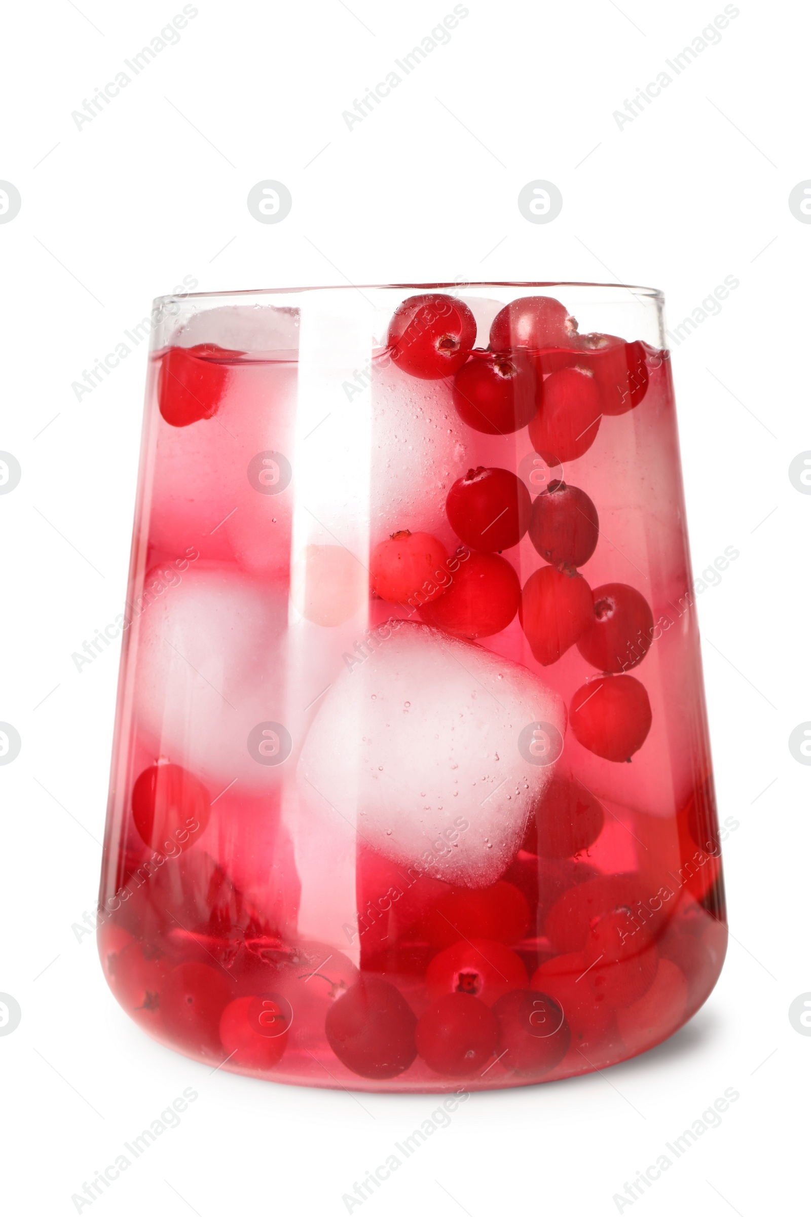 Photo of Tasty cranberry cocktail with ice cubes in glass isolated on white