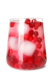 Photo of Tasty cranberry cocktail with ice cubes in glass isolated on white