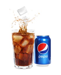 Image of MYKOLAIV, UKRAINE - FEBRUARY 10, 2021: Glass and can of Pepsi on white background