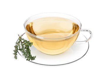 Photo of Cup of aromatic herbal tea and fresh thyme isolated on white