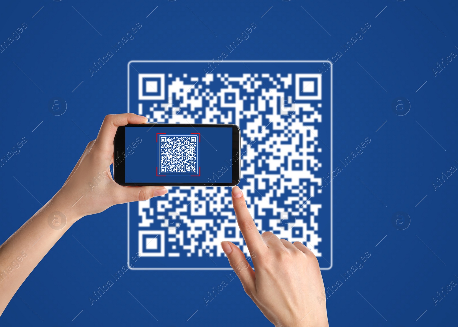 Image of Woman scanning QR code with smartphone on blue background, closeup