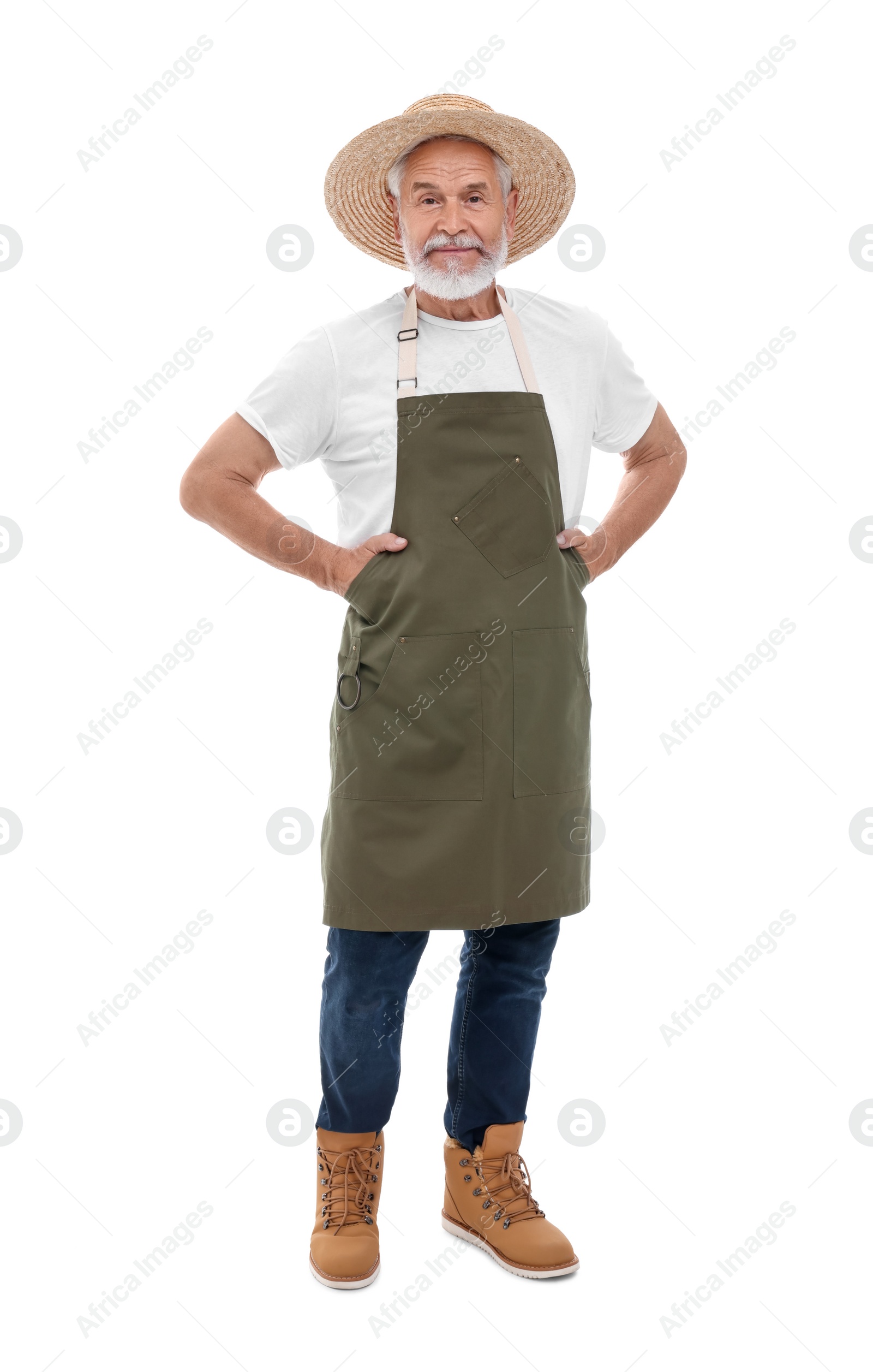 Photo of Harvesting season. Farmer wearing apron on white background