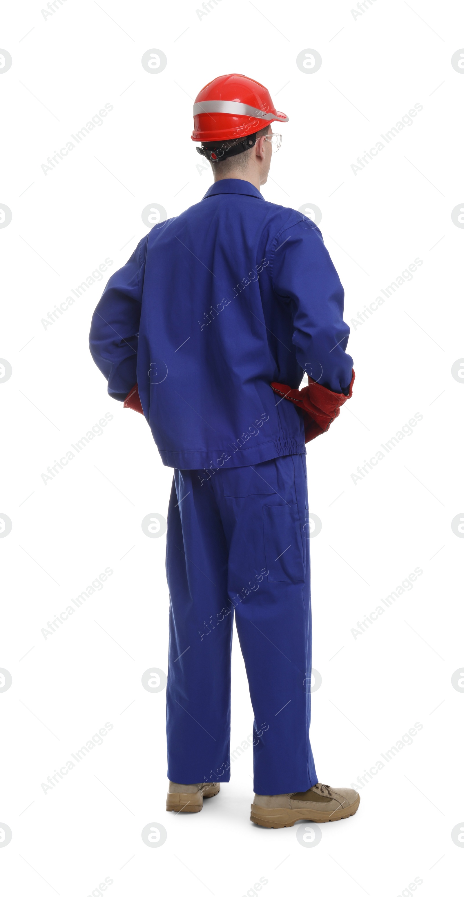 Photo of Young man wearing safety equipment on white background, back view