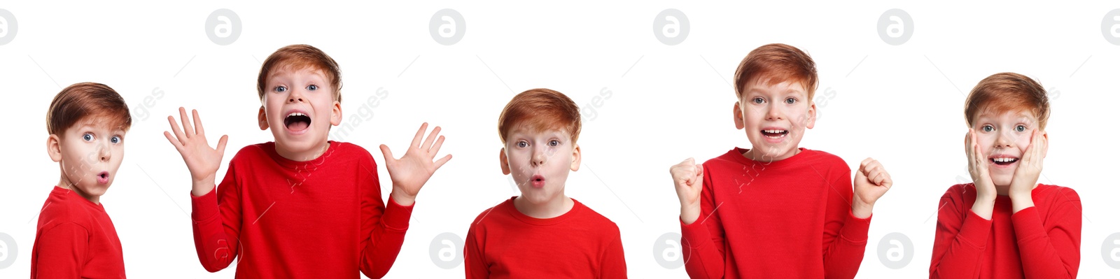 Image of Surprised boy on white background, collage of photos