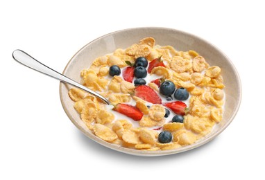Photo of Bowl of tasty crispy corn flakes with milk and berries isolated on white