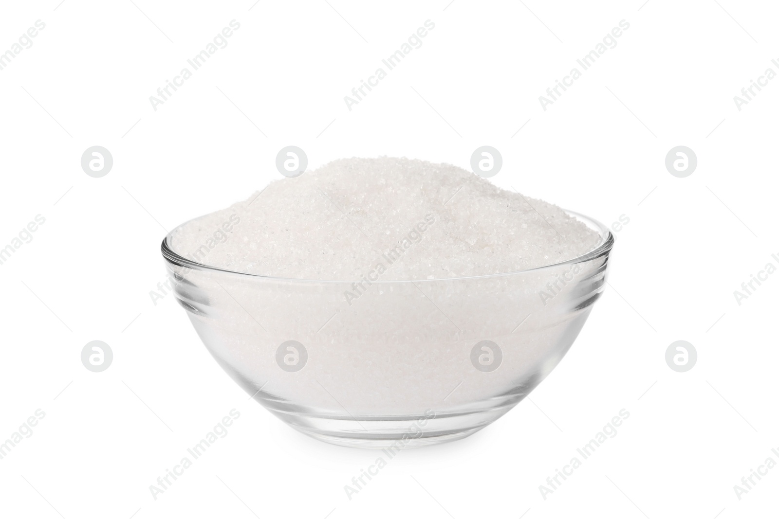 Photo of Glass bowl of granulated sugar isolated on white