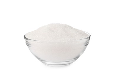 Photo of Glass bowl of granulated sugar isolated on white