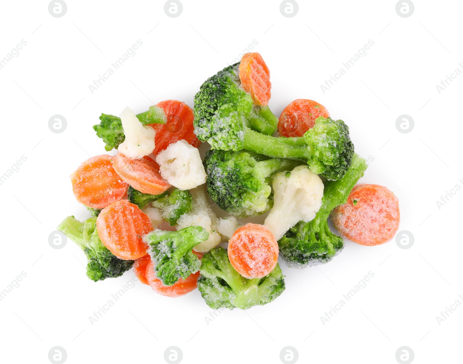 Photo of Mix of different frozen vegetables isolated on white, top view