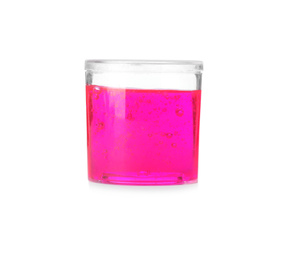 Photo of Magenta slime in plastic container isolated on white. Antistress toy