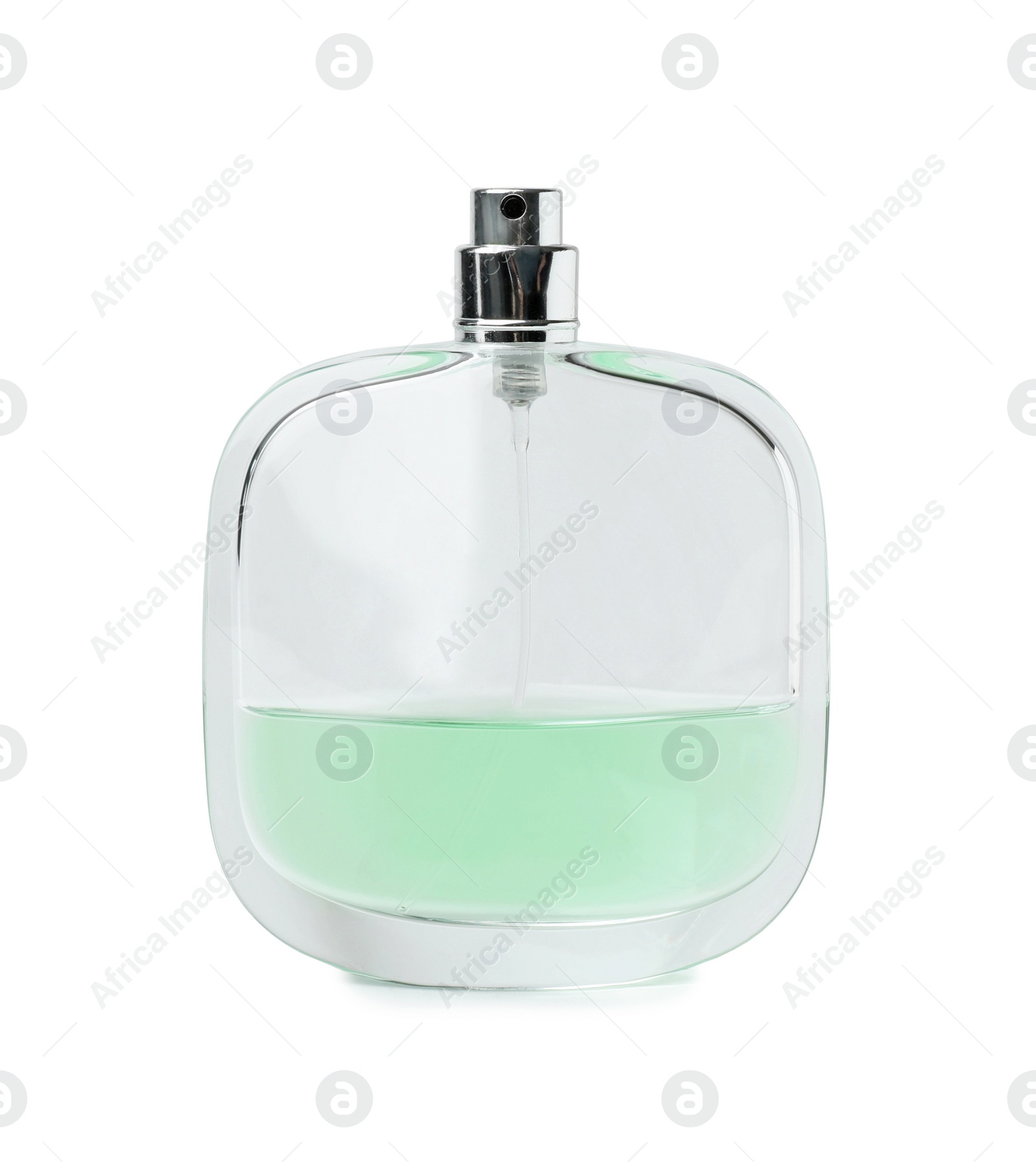 Photo of Transparent bottle of perfume on white background