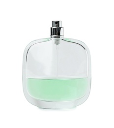 Photo of Transparent bottle of perfume on white background